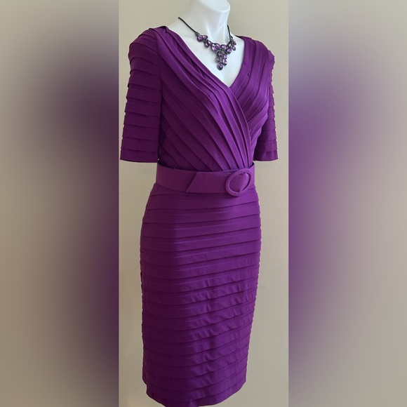 ADRIANNA PAPELL Short Sleeve, Form Flattering Purple Pleated Dress. V Neck Sz 6. - Picture 2 of 15